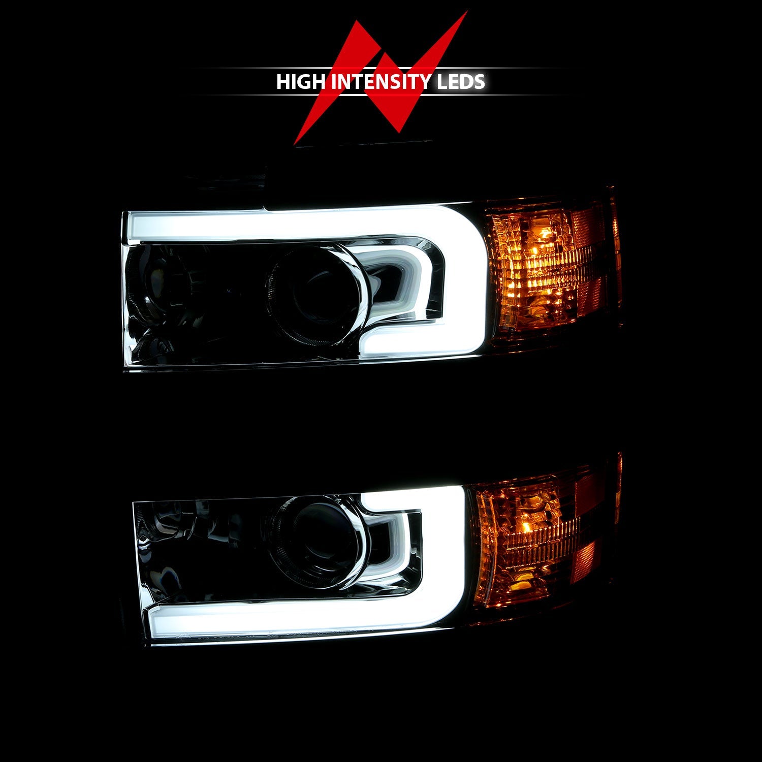 CHEVY SILVERADO 2500HD/3500HD 15-19 PROJECTOR PLANK STYLE HEADLIGHTS CHROME(CHROME TRIM)(HALOGEN MODELS ONLY)
