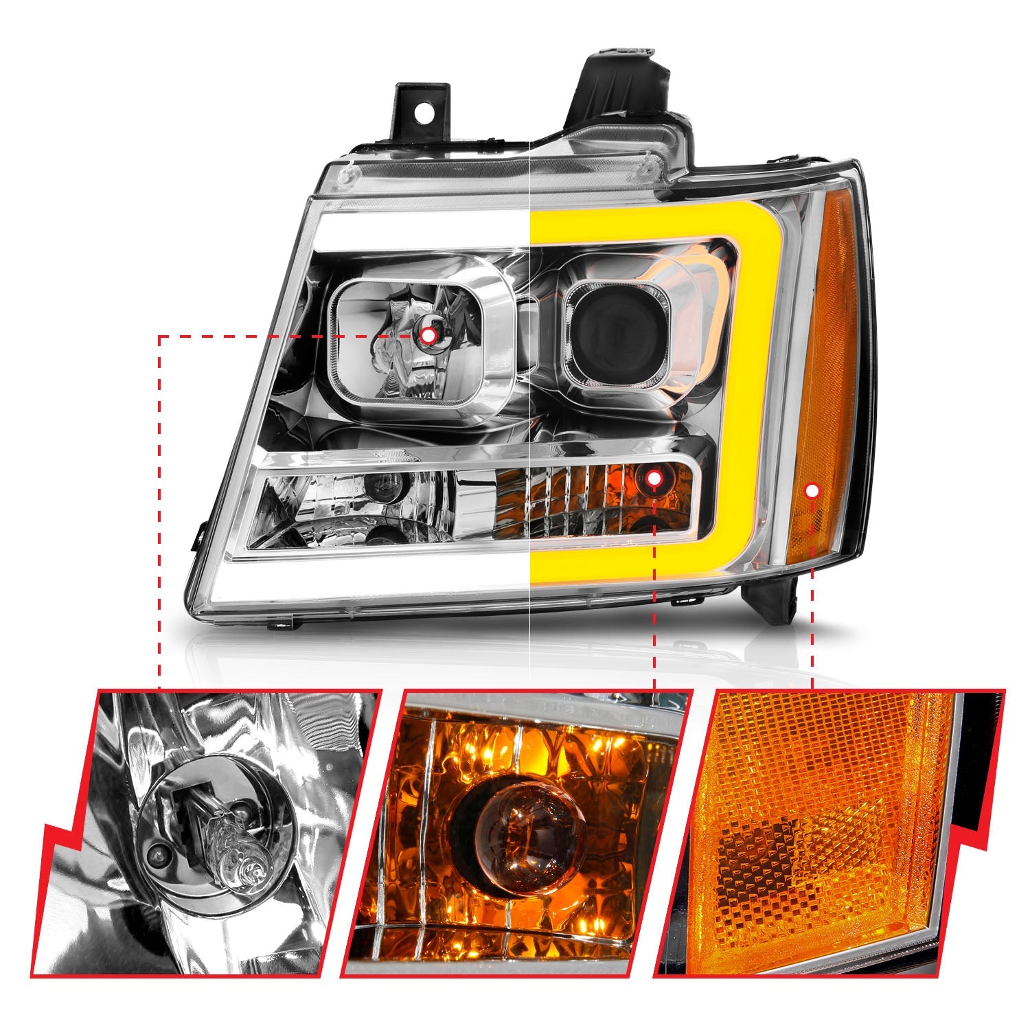 CHEVY TAHOE/ SUBURBAN 07-14 / AVALANCHE 07-13 PROJECTOR PLANK STYLE SWITCHBACK HEADLIGHTS CHROME