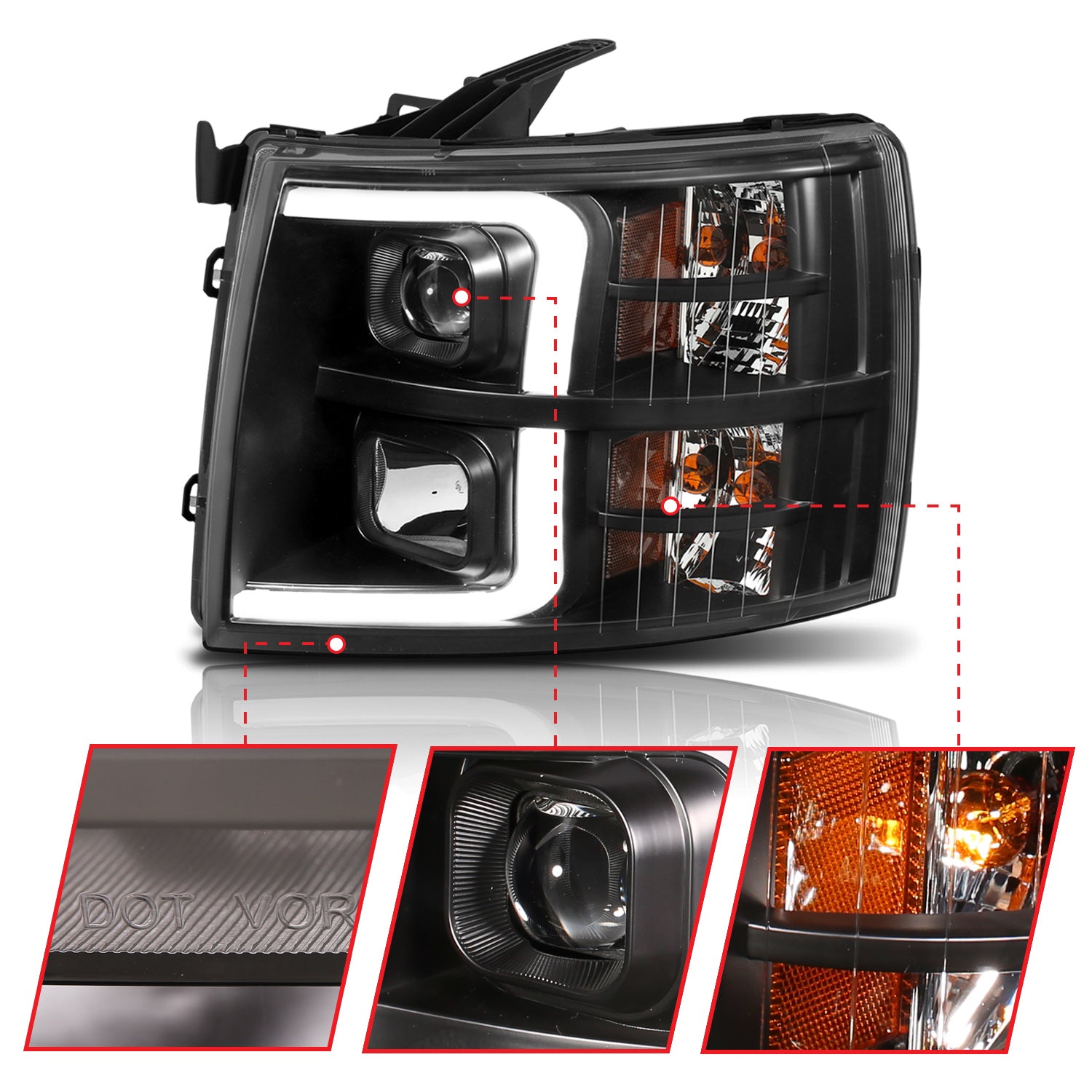 CHEVY SILVERADO 1500 07-13 / 2500HD/3500HD 07-14 PROJECTOR PLANK SWITCHBACK HEADLIGHTS BLACK