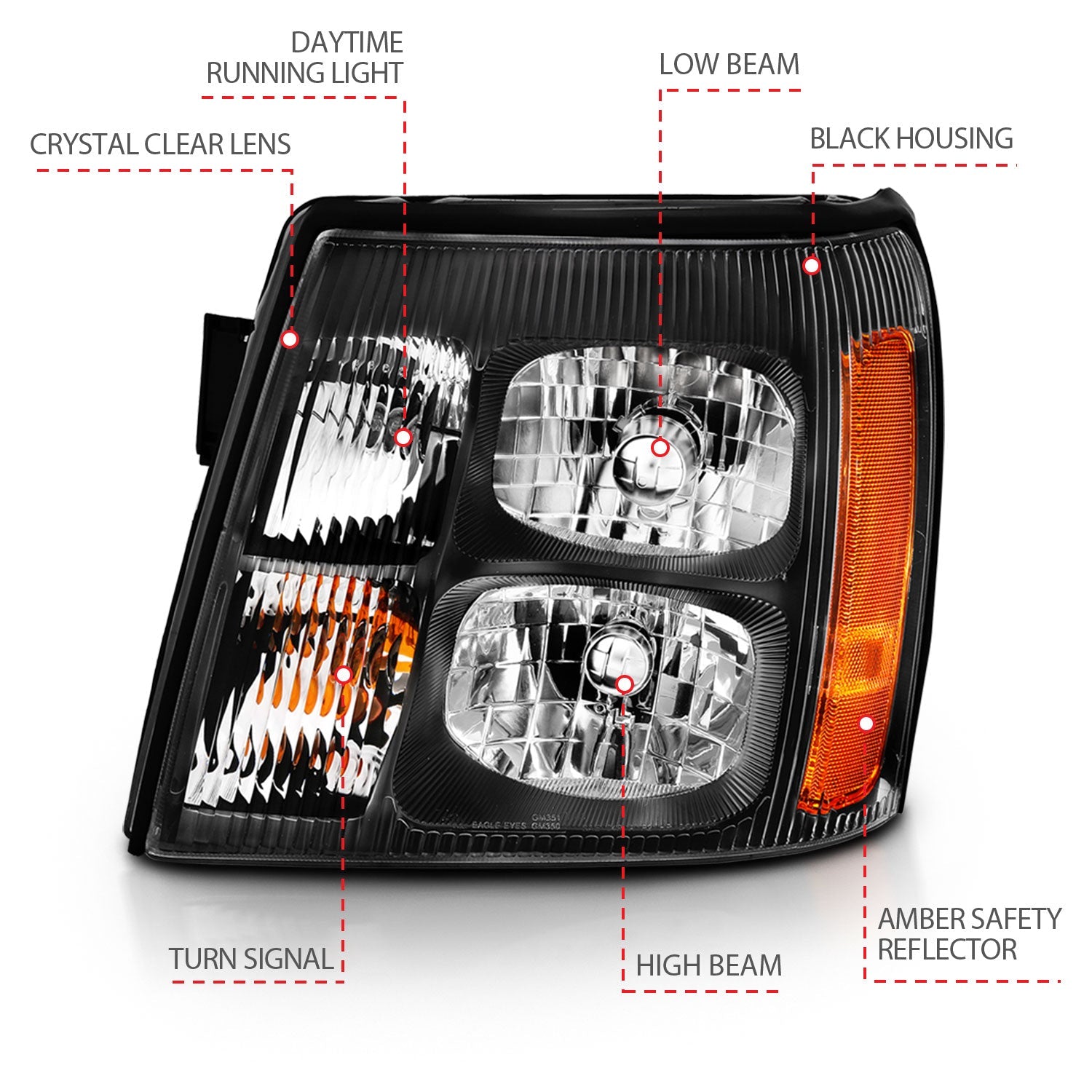 CADILLAC ESCALADE 03-06 CRYSTAL HEADLIGHTS BLACK AMBER (NO HID BULB)