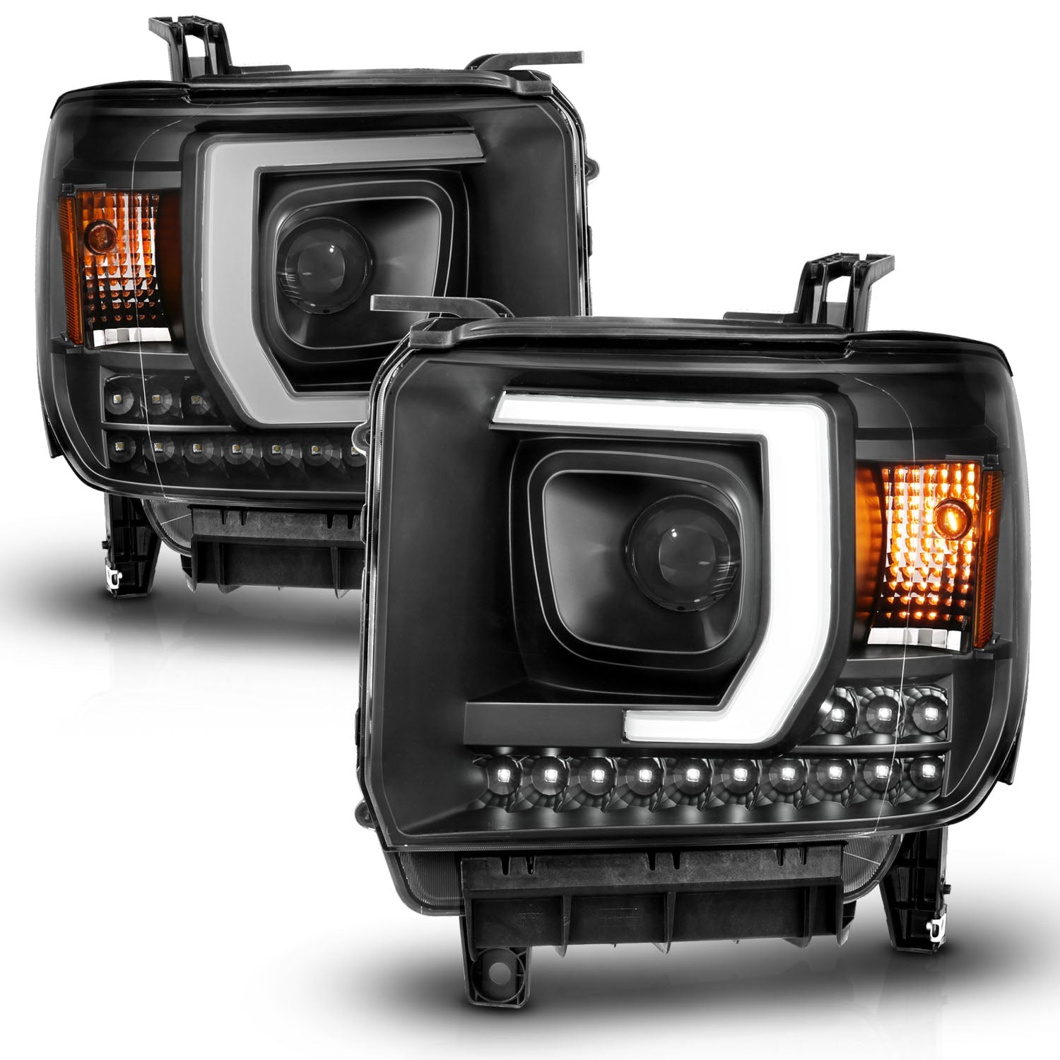 GMC SIERRA 1500 14-15 /2500HD/3500HD 15-19 PROJECTOR C BAR HEADLIGHTS BLACK (FOR HALOGEN MODELS W/O FACTORY LED DRL)