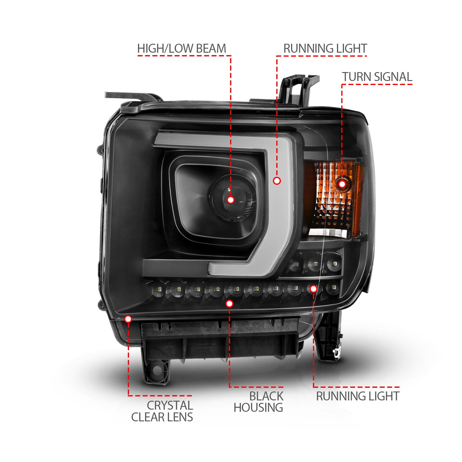 GMC SIERRA 1500 14-15 /2500HD/3500HD 15-19 PROJECTOR C BAR HEADLIGHTS BLACK (FOR HALOGEN MODELS W/O FACTORY LED DRL)
