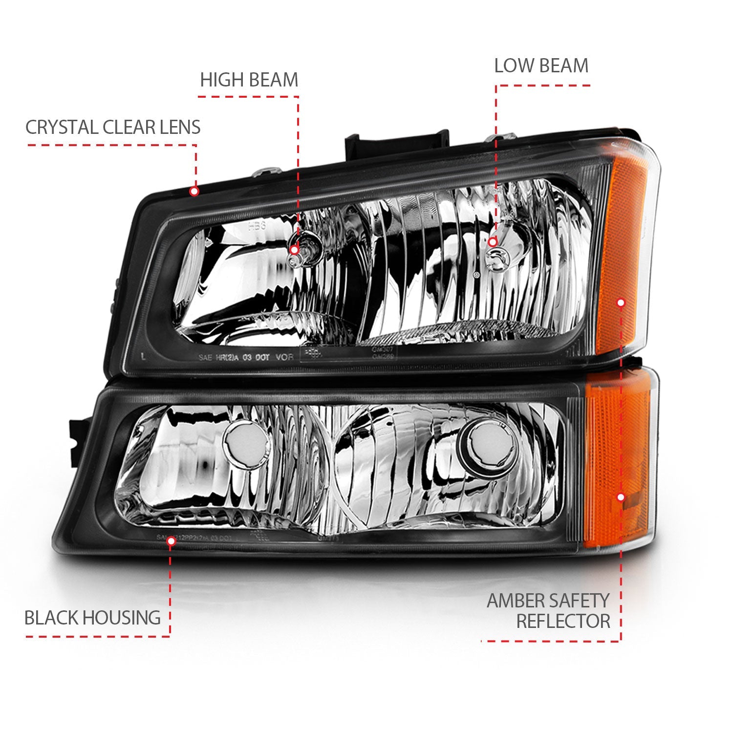 CHEVY SILVERADO 03-06 CRYSTAL HEADLIGHTS W/ PARKING/SIGNAL LIGHT BLACK (4 PCS)