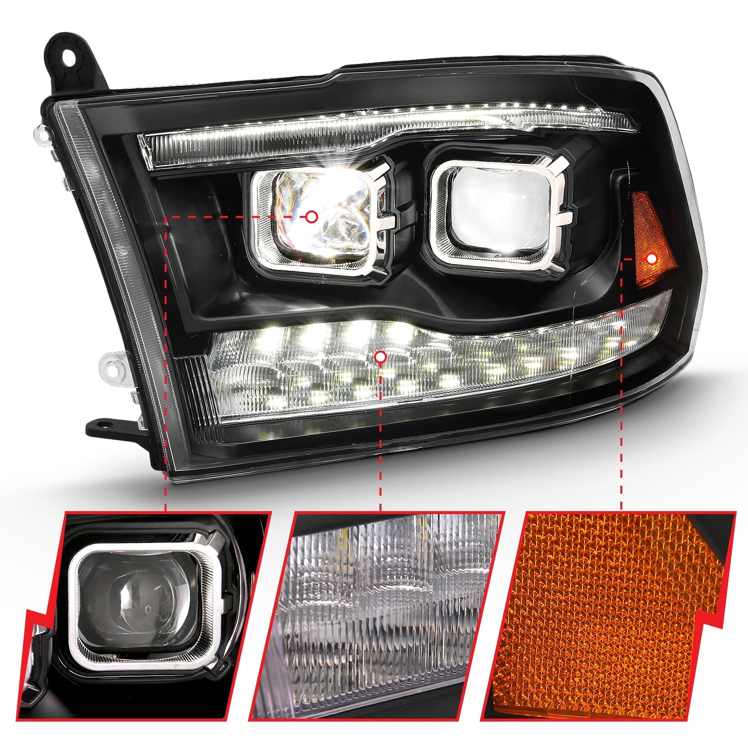 DODGE RAM 1500 09-18 / RAM 2500/3500 10-18 DUAL LED PROJECTOR SWITCHBACK HEADLIGHTS BLACK (FOR ALL MODELS)