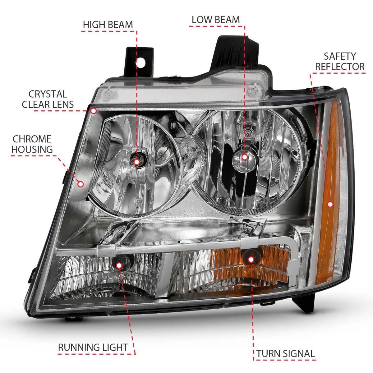 CHEVY TAHOE/ SUBURBAN 07-14 / AVALANCHE 07-13 CRYSTAL HEADLIGHTS CHROME (OE REPLACEMENT)