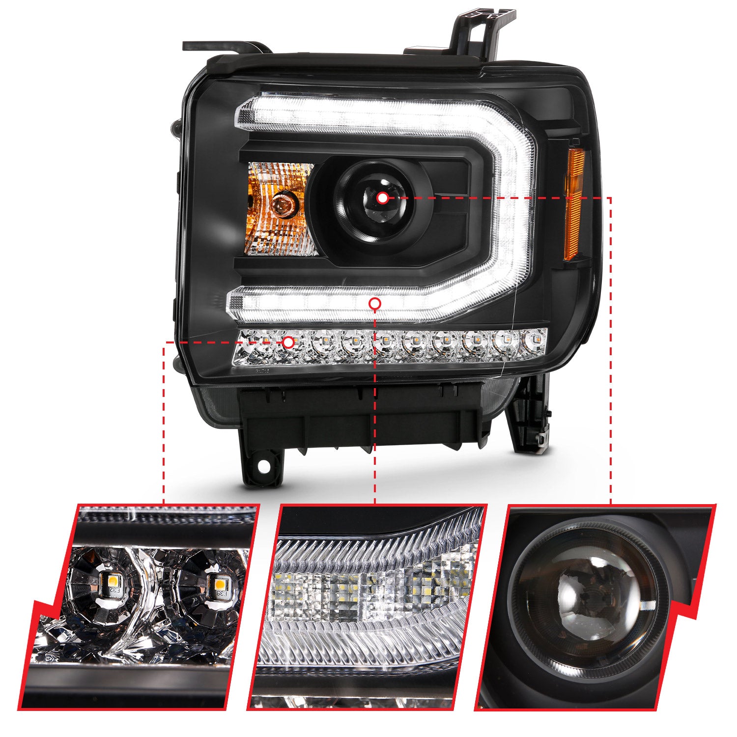 GMC SIERRA 1500 16-19 PROJECTOR PLANK STYLE HEADLIGHT BLACK W/ SEQUENTIAL SIGNAL (FOR HID, HID BULB NOT INCLUDED)