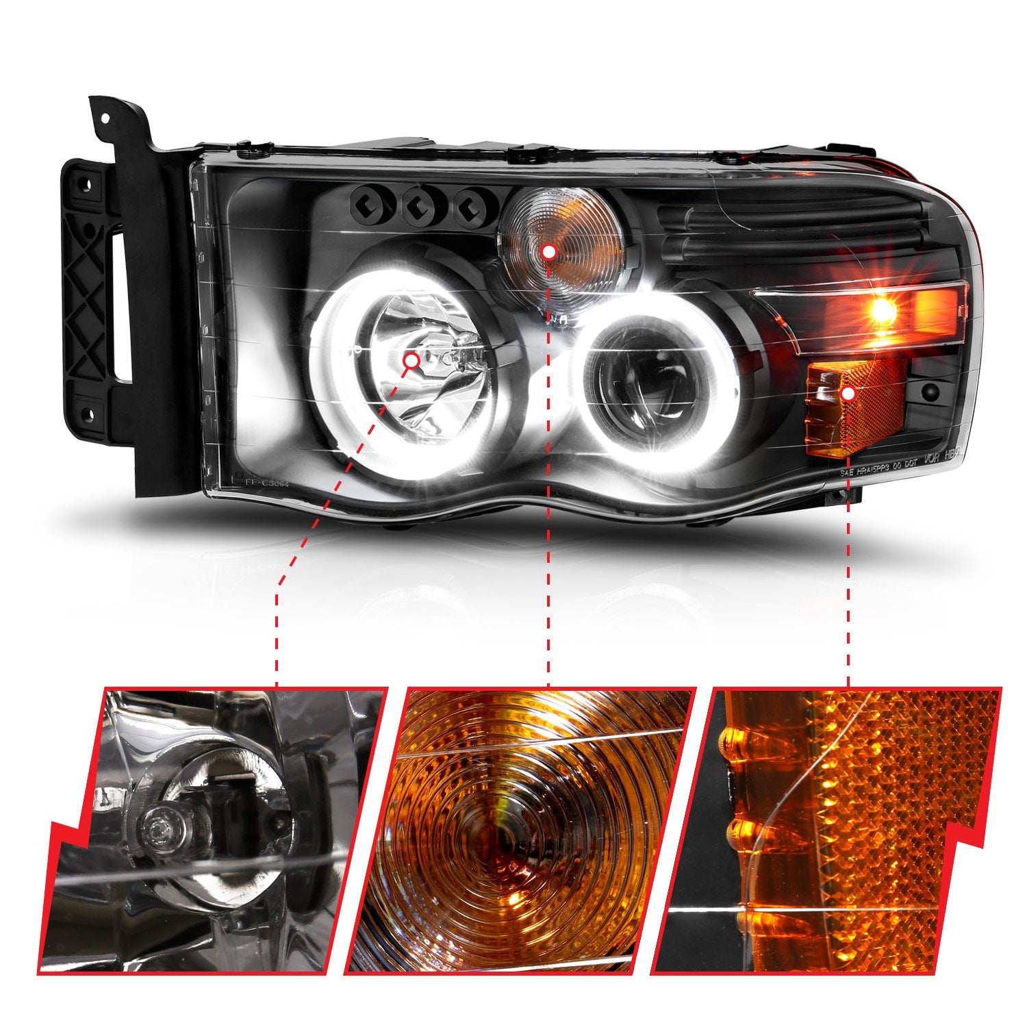 DODGE RAM 1500 02-05 RAM 2500/3500 03-05 PROJECTOR HALO HEADLIGHTS BLACK