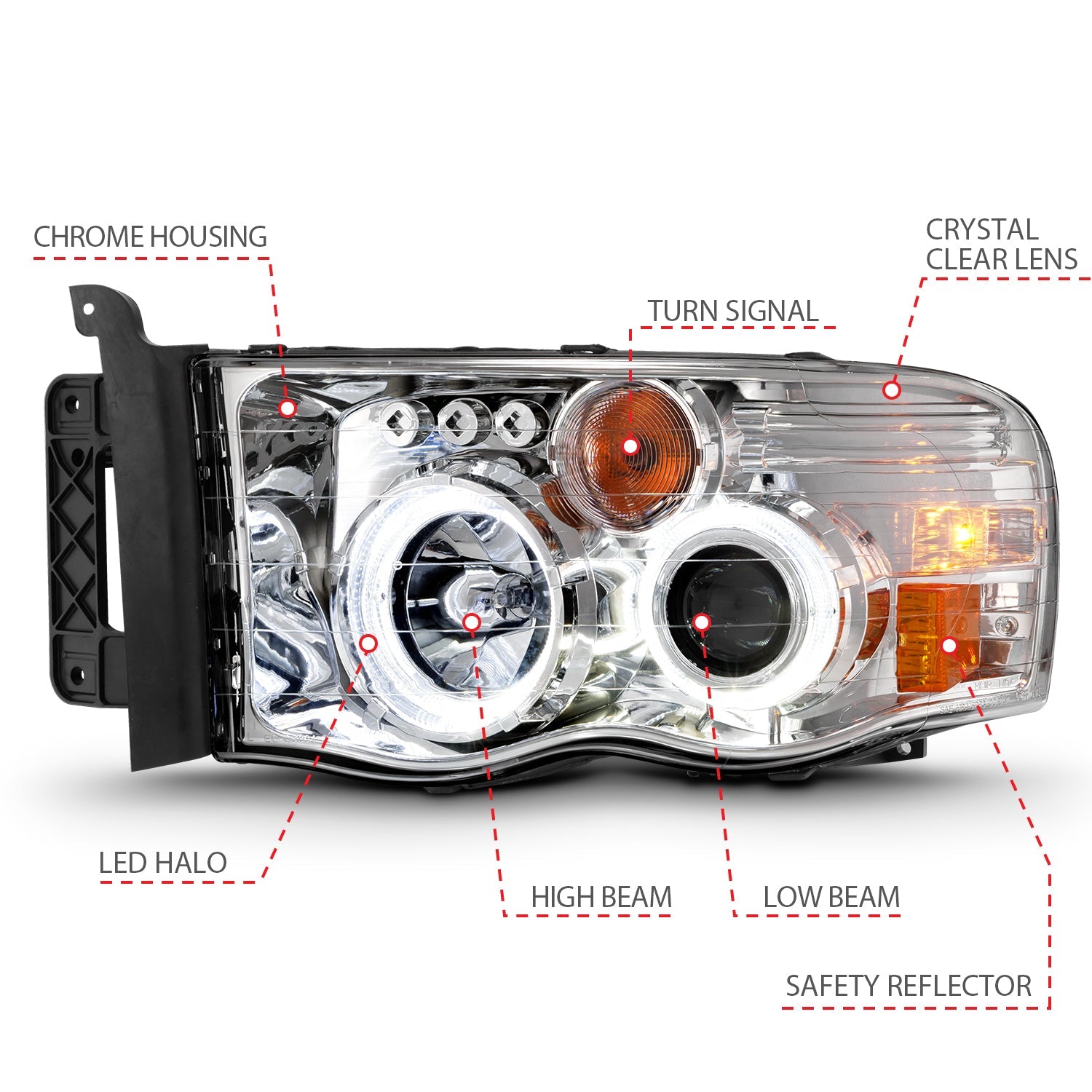 DODGE RAM 1500 02-05 RAM 2500/3500 03-05 PROJECTOR HALO HEADLIGHTS CHROME CLEAR