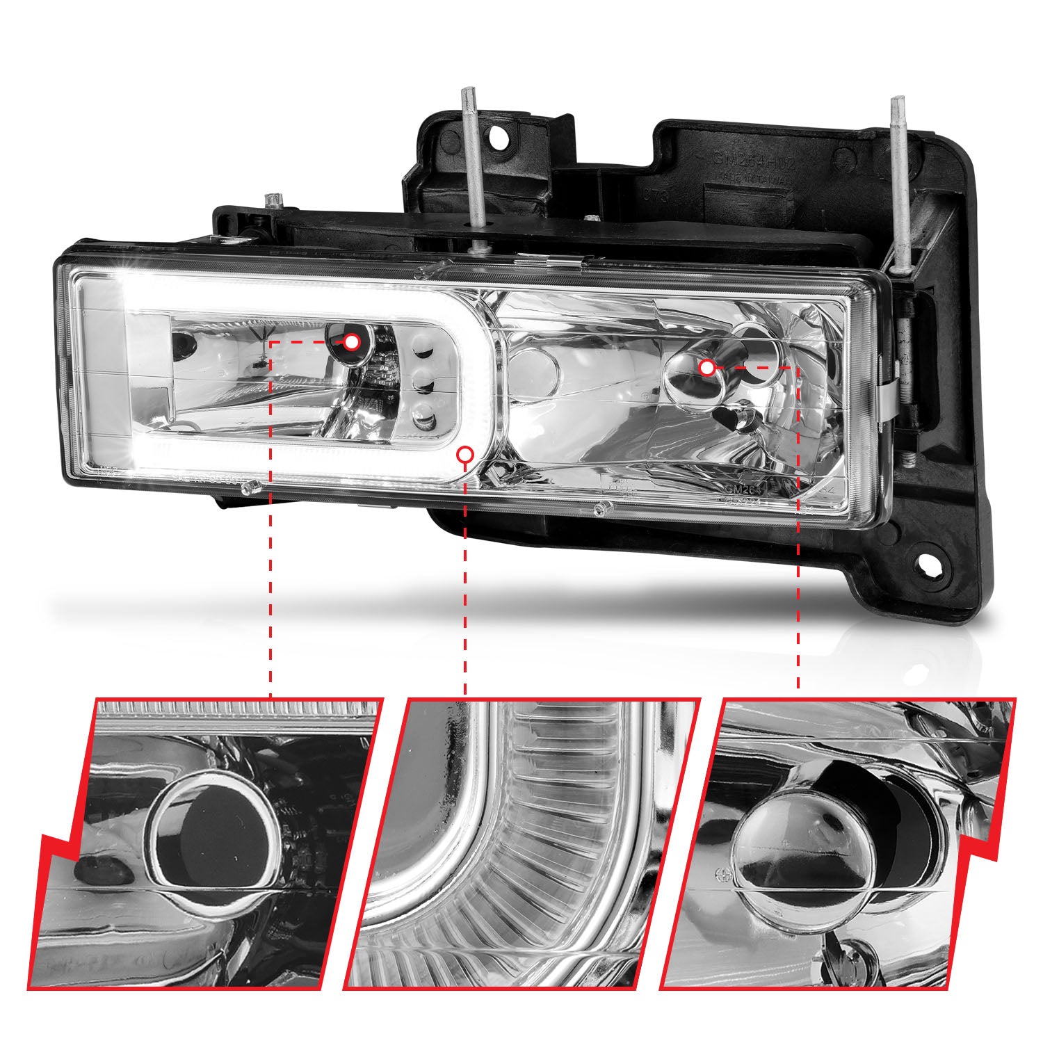 CHEVY/GMC C/K 1500/2500 88-98 / C/K 3500 88-00 / SUBURBAN 92-99 / BLAZER (FULL-SIZE) 92-94 / TAHOE 95-99 / YUKON 92-99 CRYSTAL C BAR HEADLIGHTS CHROME (BULBS NOT INCLUDED)