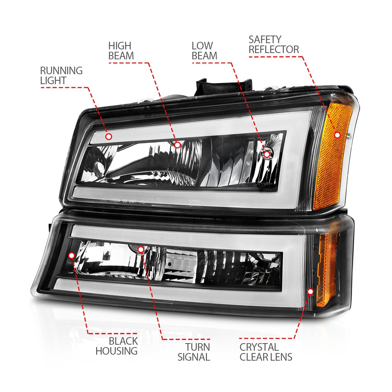 CHEVY SILVERADO / AVALANCHE 03-06 / 07 CLASSIC CRYSTAL LED PLANK HEADLIGHTS W/ PARKING/SIGNAL LIGHT BLACK(4 PCS)