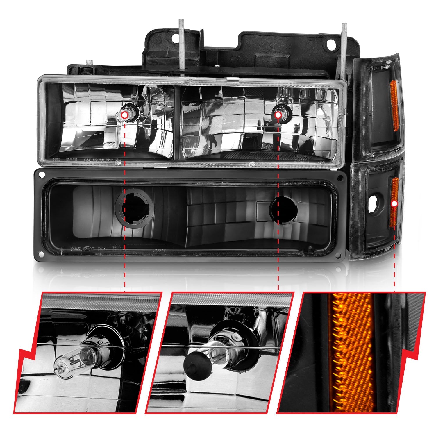 CHEVY C/K1500/2500 94-98 / C/K 3500 94-00 / SUBURBAN 94-99 / TAHOE 95-99 / BLAZER (FULL SIZE) 94 CRYSTAL HEADLIGHTS BLACK W/ SIGNAL & SIDE MARKERS AMBER (8PCS)