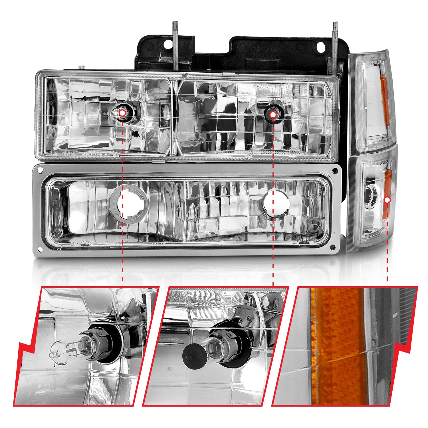 CHEVY C/K1500/2500 94-98 / C/K 3500 94-00 / SUBURBAN 94-99 / TAHOE 95-99 / BLAZER (FULL SIZE) 94 CRYSTAL HEADLIGHTS CHROME W/ SIGNAL & SIDE MARKERS AMBER (8PCS)