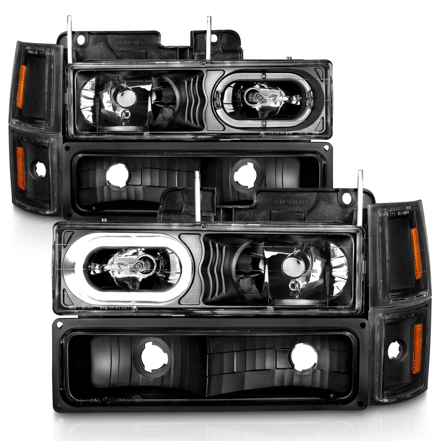 CHEVY C/K1500/2500 94-98 / C/K 3500 94-00 / SUBURBAN 94-99 / TAHOE 95-99 / BLAZER (FULL SIZE) 94 CRYSTAL HALO HEADLIGHTS BLACK W/ SIGNAL & SIDE MARKERS AMBER (8PCS)
