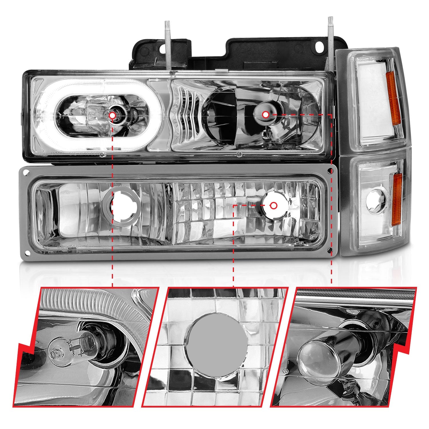 CHEVY C/K1500/2500 94-98 / C/K 3500 94-00 / SUBURBAN 94-99 / TAHOE 95-99 / BLAZER (FULL SIZE) 94 CRYSTAL HALO HEADLIGHTS CHROME W/ SIGNAL & SIDE MARKERS AMBER (8PCS)