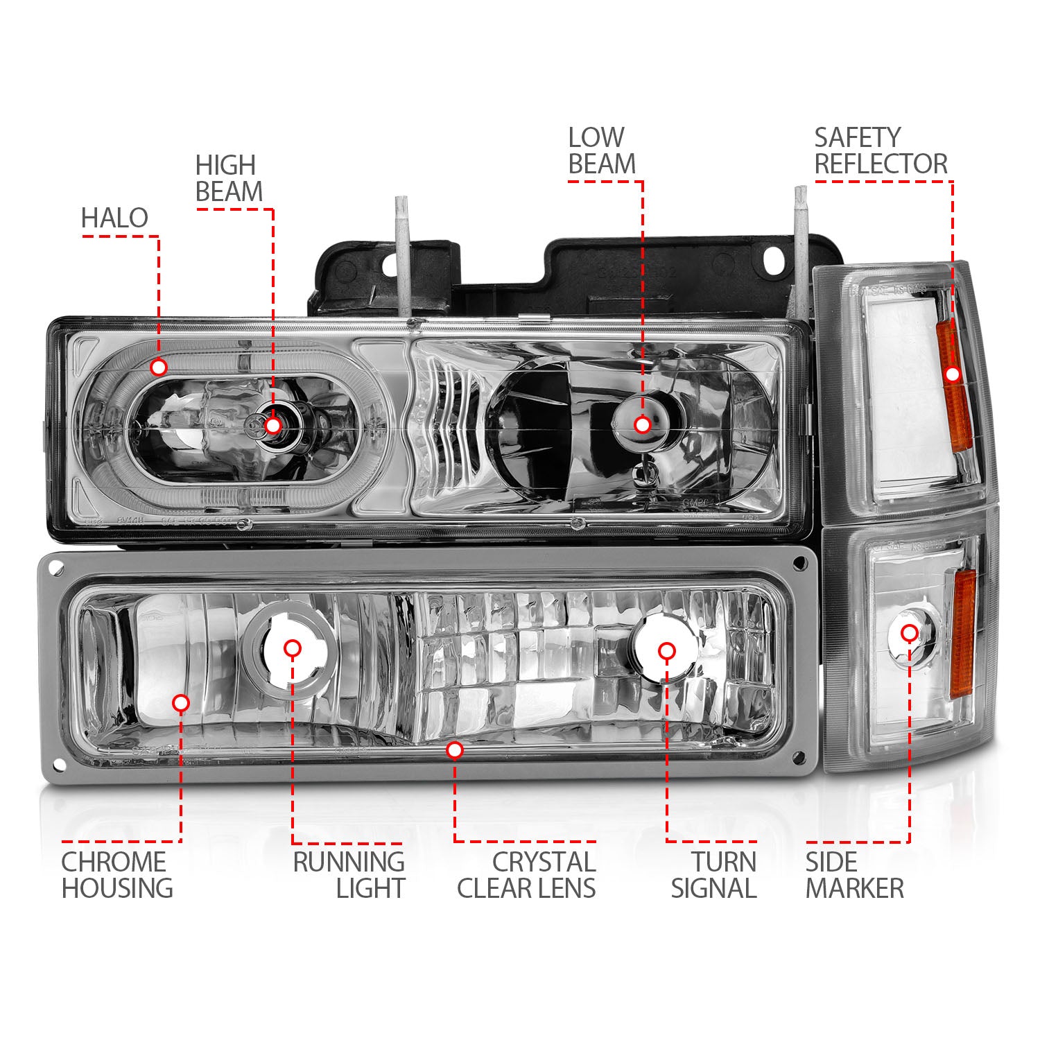 CHEVY C/K1500/2500 94-98 / C/K 3500 94-00 / SUBURBAN 94-99 / TAHOE 95-99 / BLAZER (FULL SIZE) 94 CRYSTAL HALO HEADLIGHTS CHROME W/ SIGNAL & SIDE MARKERS AMBER (8PCS)