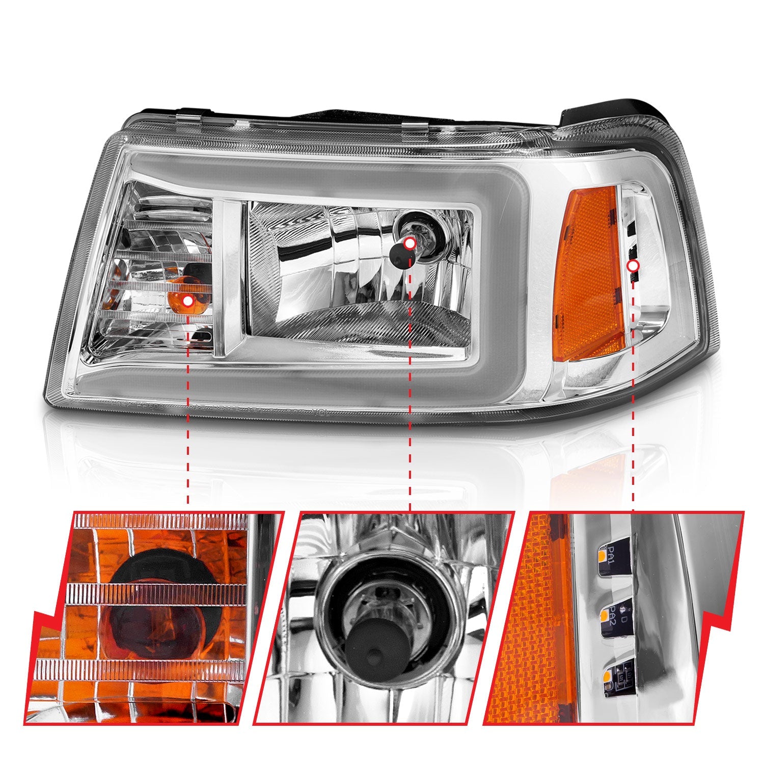 FORD RANGER 01-11 CRYSTAL PLANK STYLE HEADLIGHTS CHROME