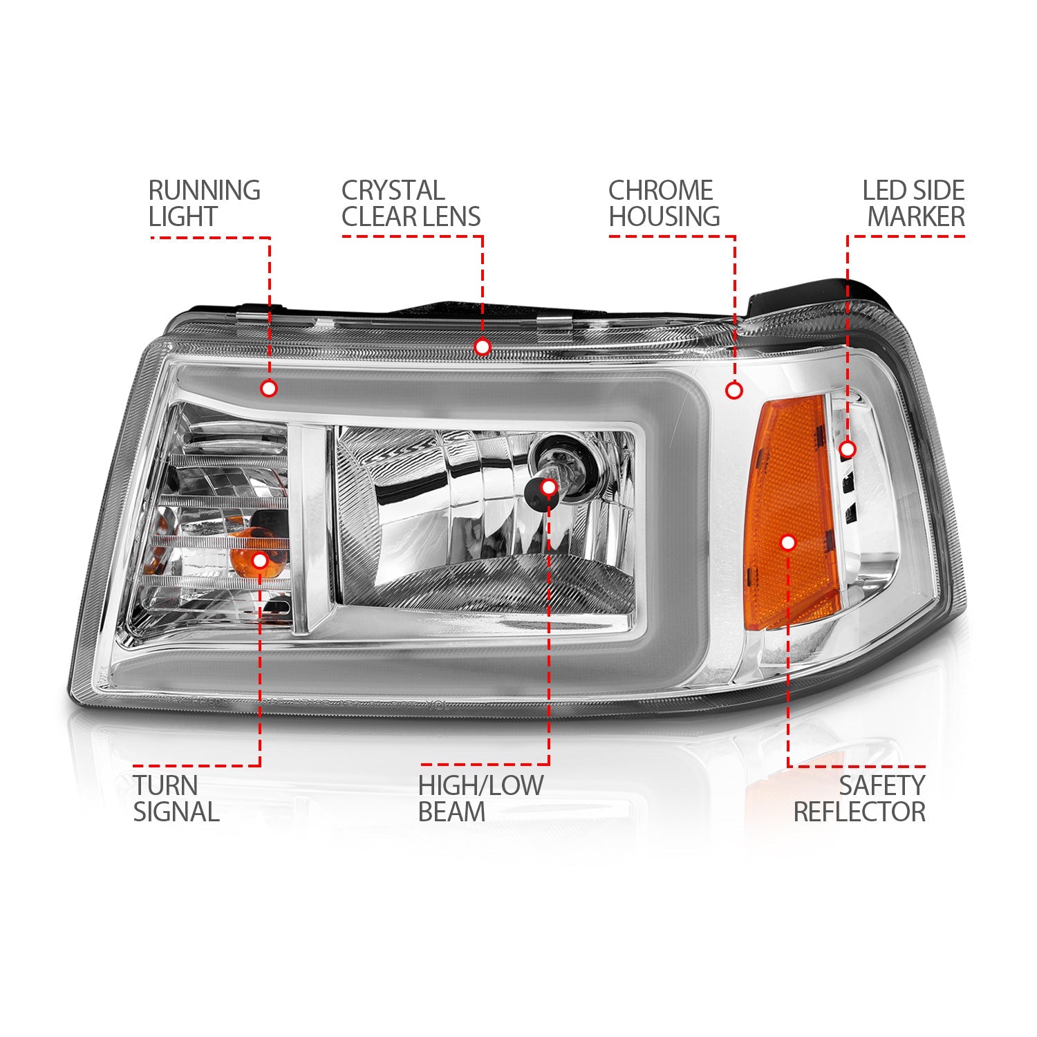 FORD RANGER 01-11 CRYSTAL PLANK STYLE HEADLIGHTS CHROME