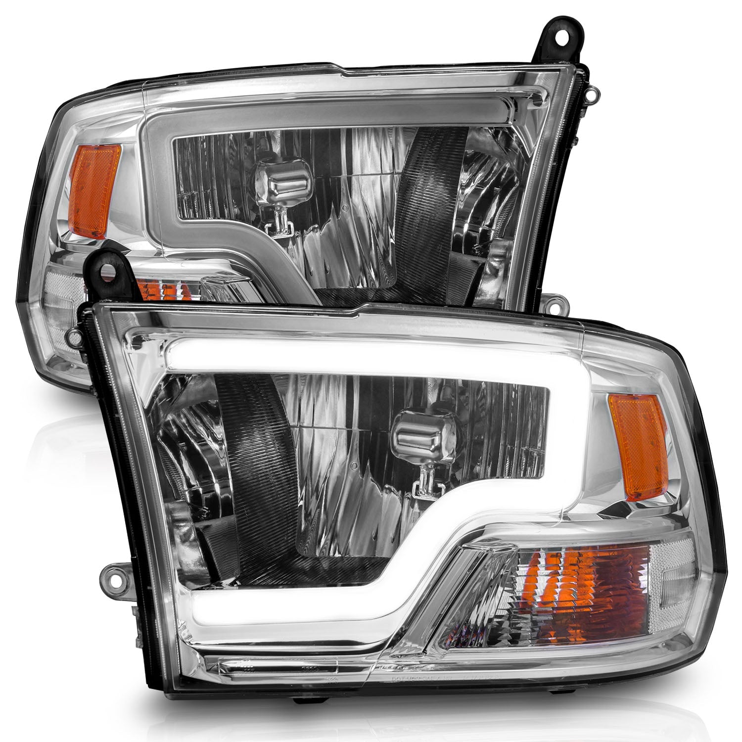DODGE RAM 1500 09-18 / RAM 2500/3500 10-18 CRYSTAL C BAR HEADLIGHTS CHROME (FOR DUAL LIGHT MODELS)