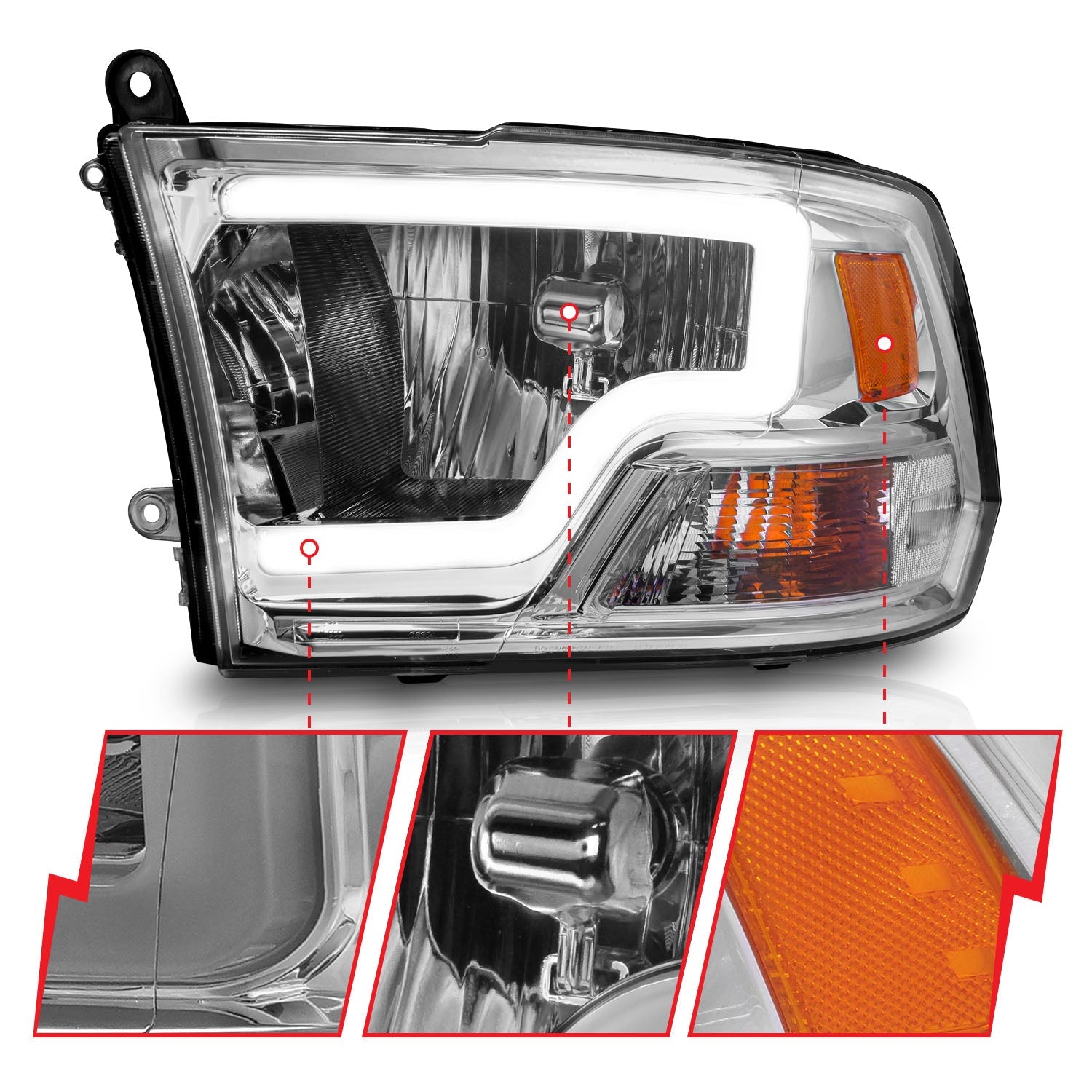 DODGE RAM 1500 09-18 / RAM 2500/3500 10-18 CRYSTAL C BAR HEADLIGHTS CHROME (FOR DUAL LIGHT MODELS)