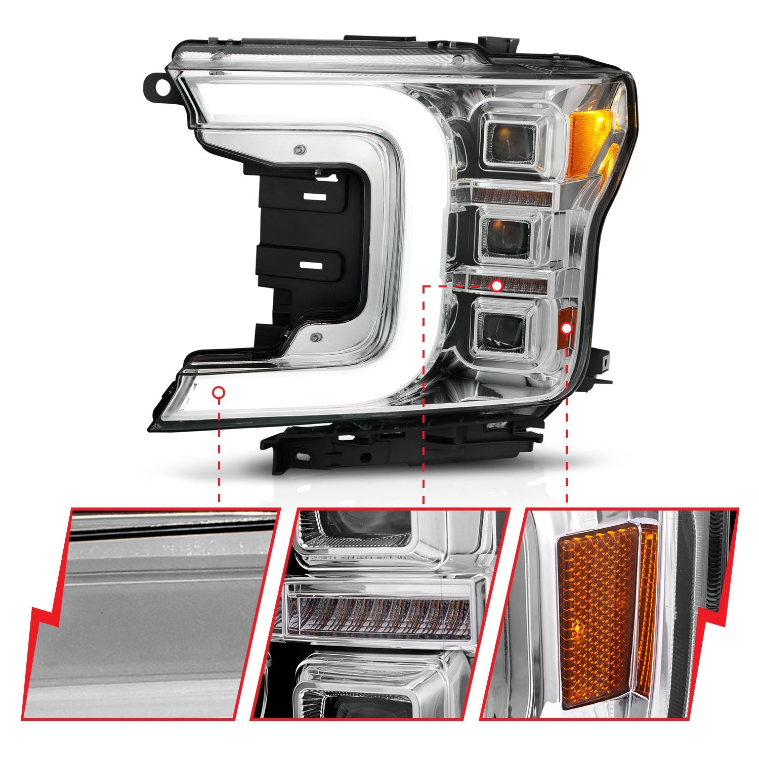 FORD F-150 18-20 FULL LED C-BAR PROJECTOR HEADLIGHTS CHROME W/ SEQUENTIAL SIGNAL (FACTORY HALOGEN MODEL)