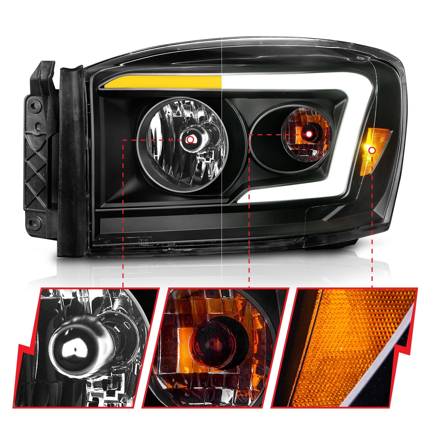 DODGE RAM 1500 06-08 / 2500/3500 06-09 CRYSTAL SWITCHBACK C BAR HEADLIGHTS BLACK