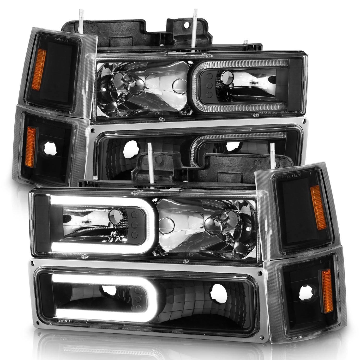 CHEVY C/K1500/2500 94-98 / C/K 3500 94-00 / SUBURBAN 94-99 / TAHOE 95-99 / BLAZER (FULL SIZE) 94 CRYSTAL C BAR STYLE HEADLIGHTS W/ SIGNAL & SIDE MARKERS (8PCS) SET BLACK (BULBS NOT INCLUDED)
