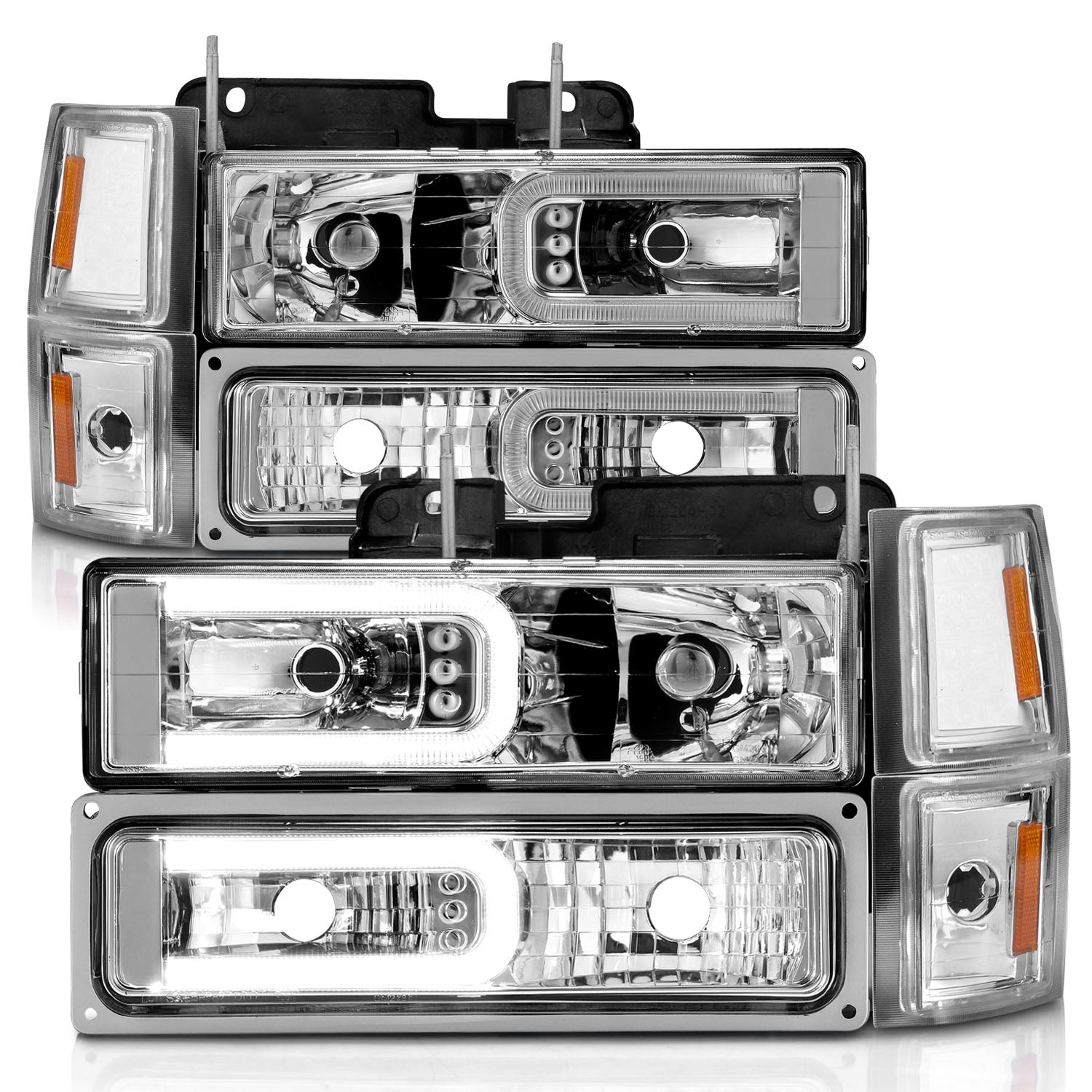 CHEVY C/K1500/2500 94-98 / C/K 3500 94-00 / SUBURBAN 94-99 / TAHOE 95-99 / BLAZER (FULL SIZE) 94 CRYSTAL C BAR STYLE HEADLIGHTS W/ SIGNAL & SIDE MARKERS (8PCS) SET CHROME (BULBS NOT INLCUDED)