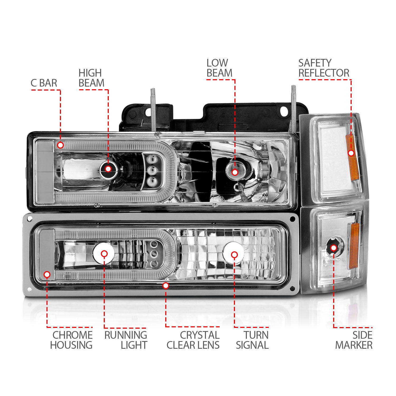 CHEVY C/K1500/2500 94-98 / C/K 3500 94-00 / SUBURBAN 94-99 / TAHOE 95-99 / BLAZER (FULL SIZE) 94 CRYSTAL C BAR STYLE HEADLIGHTS W/ SIGNAL & SIDE MARKERS (8PCS) SET CHROME (BULBS NOT INLCUDED)