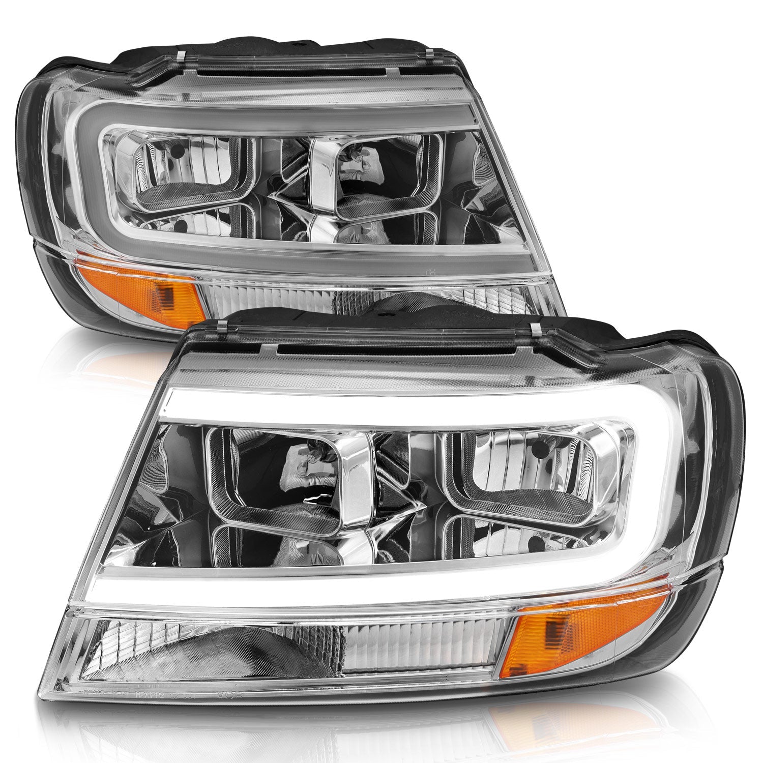 JEEP GRAND CHEROKEE 99-04 CRYSTAL PLANK STYLE HEADLIGHTS CHROME