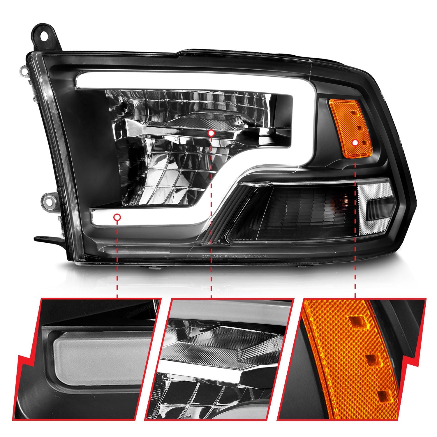DODGE RAM 1500 09-18 / RAM 2500/3500 10-18 FULL LED CRYSTAL C BAR HEADLIGHTS BLACK (FOR NON-PROJECTOR MODELS)