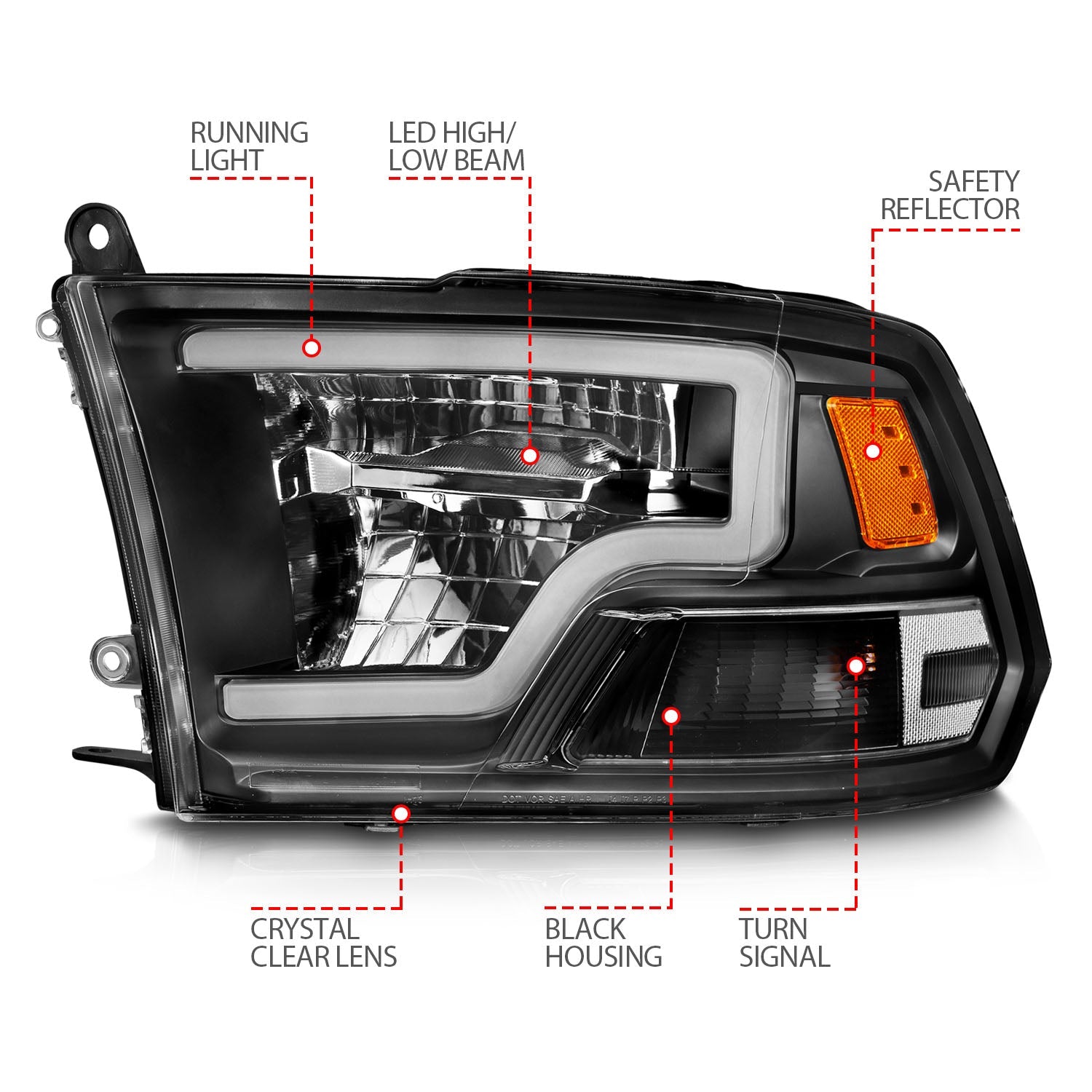 DODGE RAM 1500 09-18 / RAM 2500/3500 10-18 FULL LED CRYSTAL C BAR HEADLIGHTS BLACK (FOR NON-PROJECTOR MODELS)