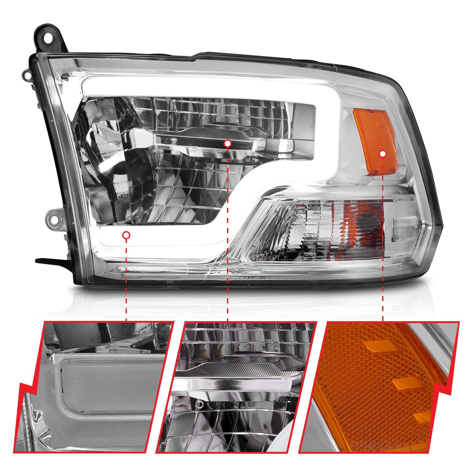 DODGE RAM 1500 09-18 / RAM 2500/3500 10-18 FULL LED CRYSTAL C BAR HEADLIGHTS CHROME (FOR NON-PROJECTOR MODELS)