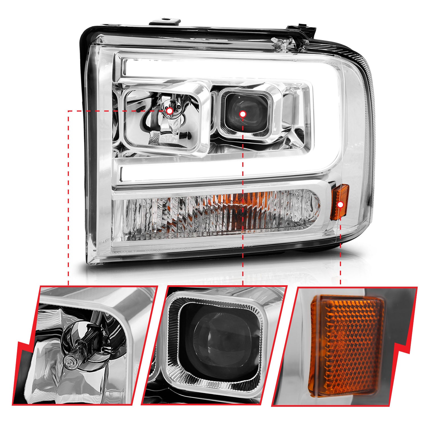 FORD F-250/350/450/550 SUPER DUTY 05-07/EXCURSION 05 PROJECTOR PLANK STYLE HEADLIGHTS CHROME