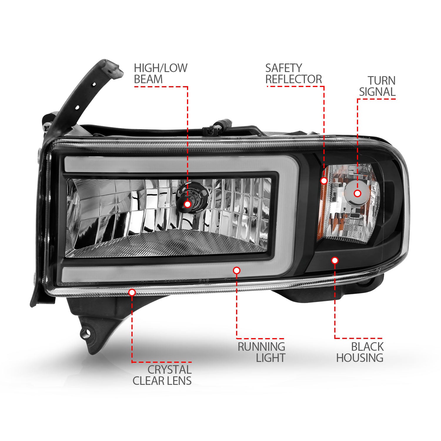 DODGE RAM 1500 94-01 / RAM 2500/3500 94-02/ RAM SPORT MODEL 94-98 CRYSTAL PLANK STYLE HEADLIGHTS BLACK (DUAL LIGHT MODELS ONLY)