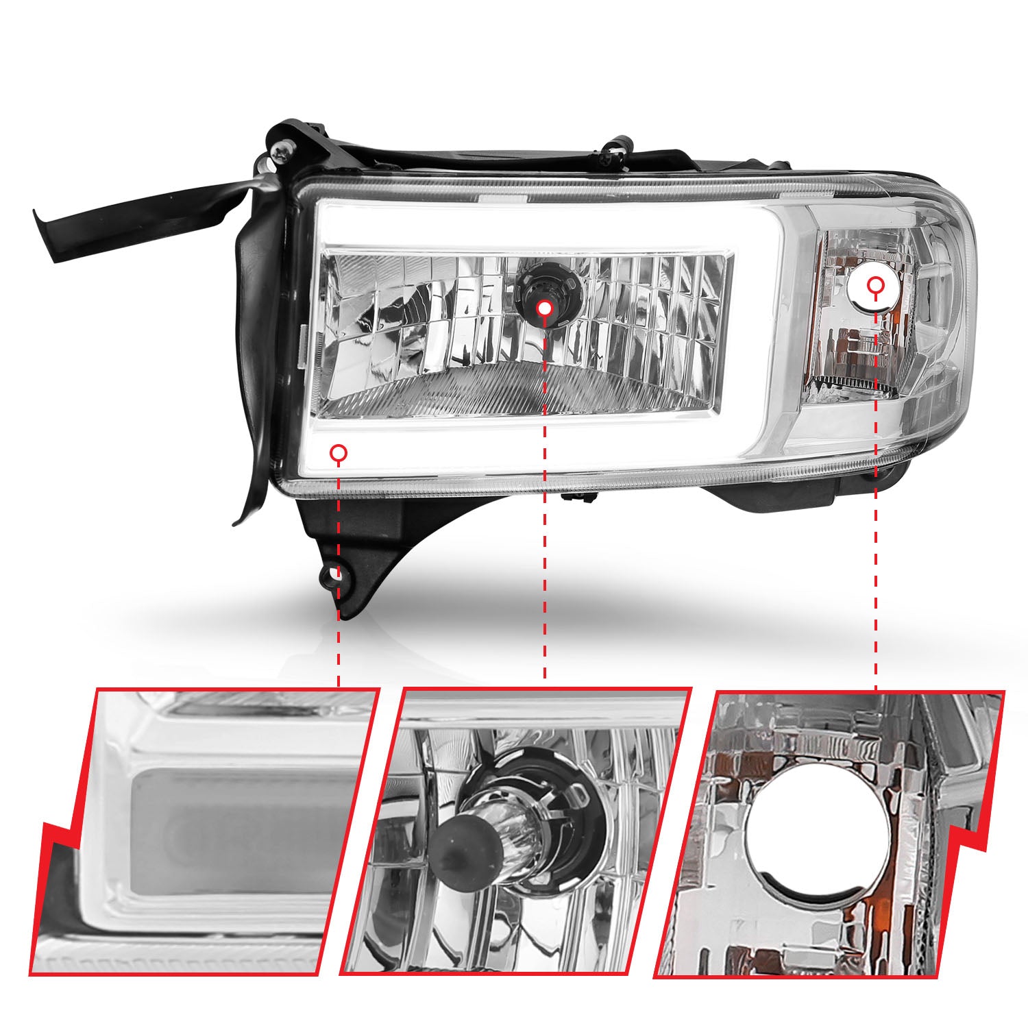 DODGE RAM 1500 94-01 / RAM 2500/3500 94-02/ RAM SPORT MODEL 94-98 CRYSTAL PLANK STYLE HEADLIGHTS CHROME (DUAL LIGHT MODELS ONLY)