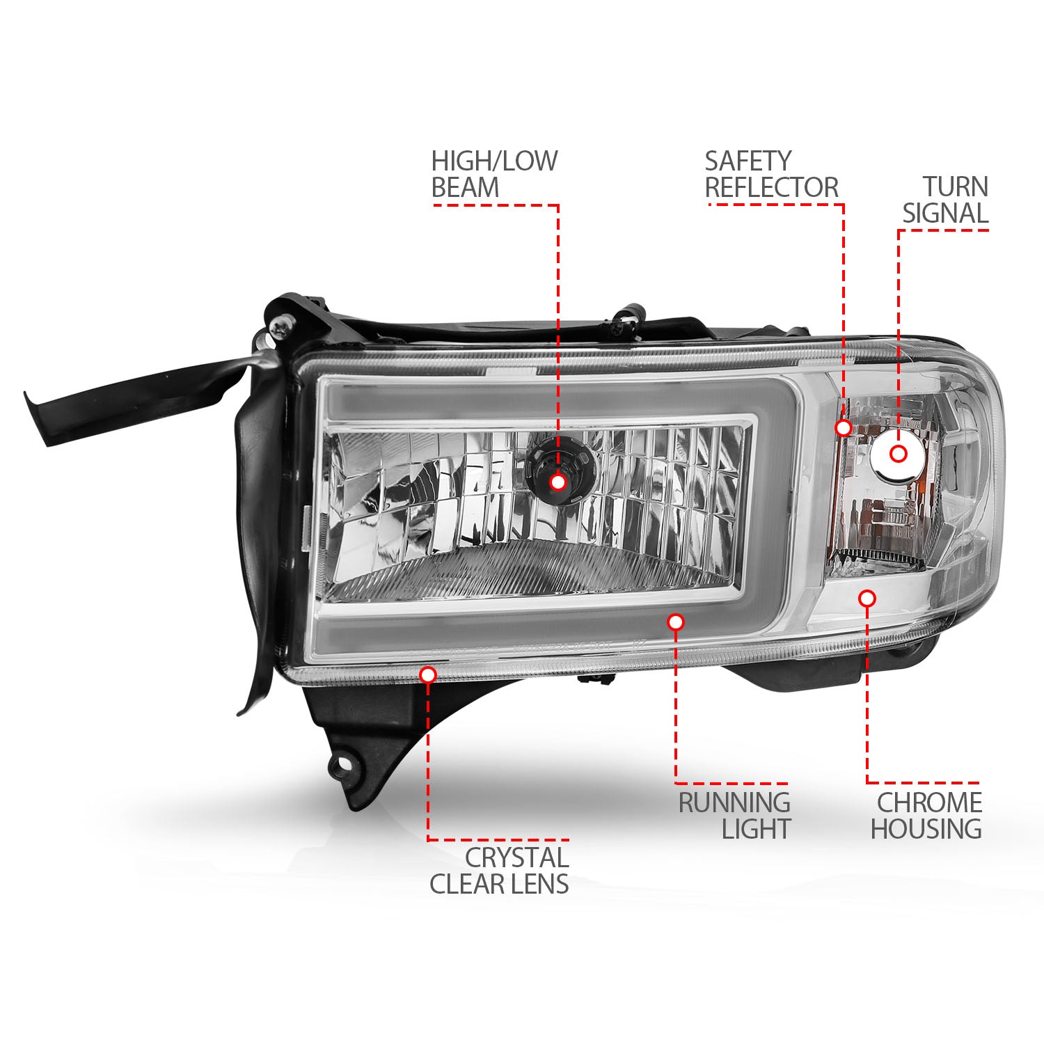 DODGE RAM 1500 94-01 / RAM 2500/3500 94-02/ RAM SPORT MODEL 94-98 CRYSTAL PLANK STYLE HEADLIGHTS CHROME (DUAL LIGHT MODELS ONLY)