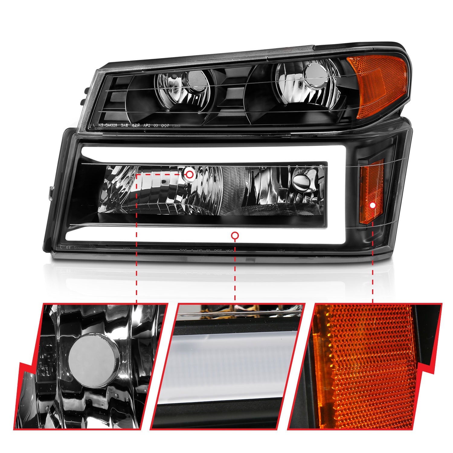 CHEVY COLORADO / GMC CANYON 04-12 CRYSTAL PLANK STYLE HEADLIGHTS BLACK W/ PARKING/SIGNAL LIGHTS 4PCS