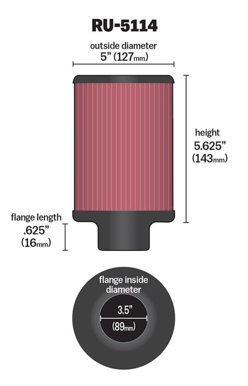 K&N Filter Universal Rubber Filter 3.5in Flange ID x 5in OD x 5.625in H-SR1 Performance