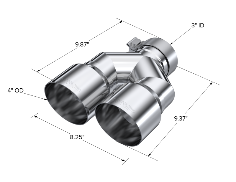 MBRP 3in ID / Dual 4in OD Out Staggered L 9.87in / R 9.37in Single Wall T304 SS Univ Exhaust Tip-SR1 Performance