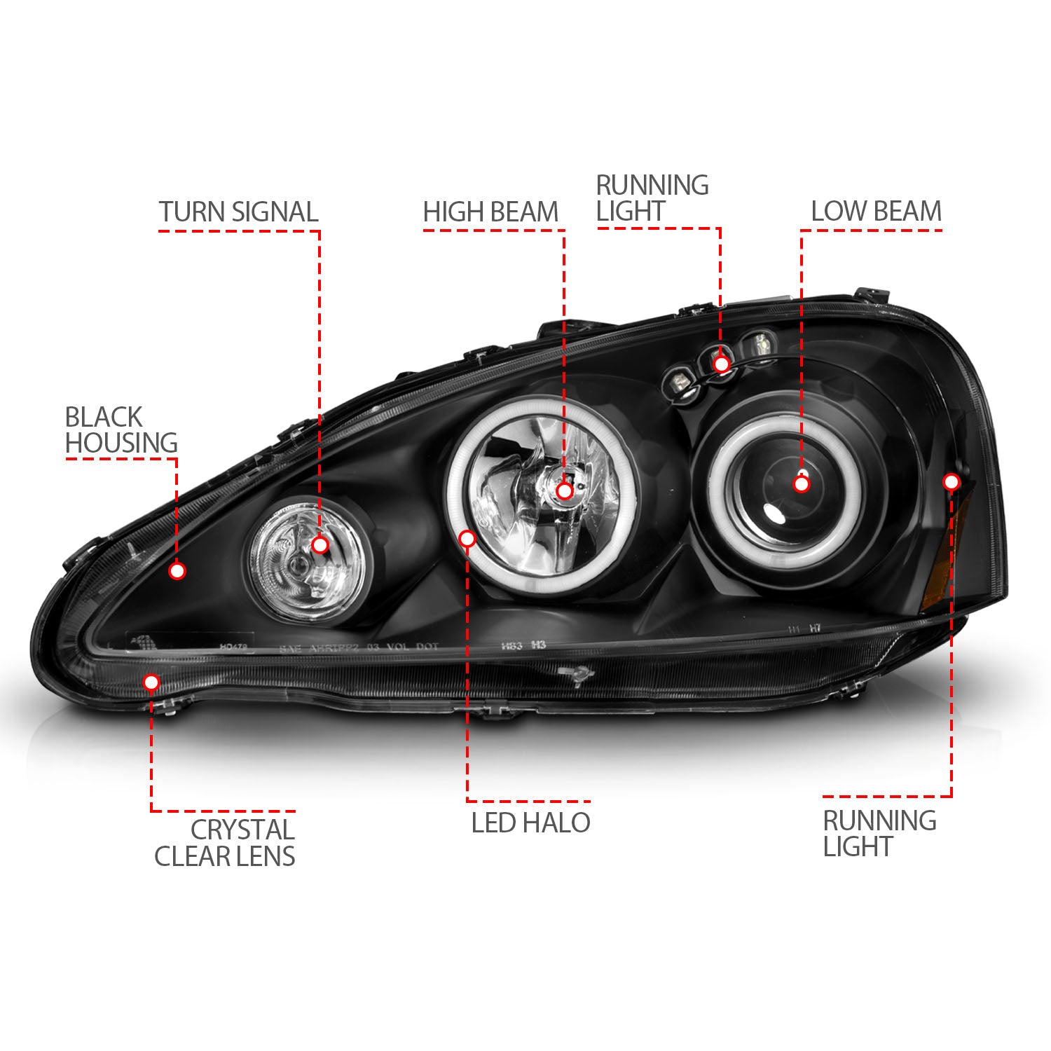ACURA RSX 05-06 PROJECTOR HALO HEADLIGHTS BLACK W/ RX HALO
