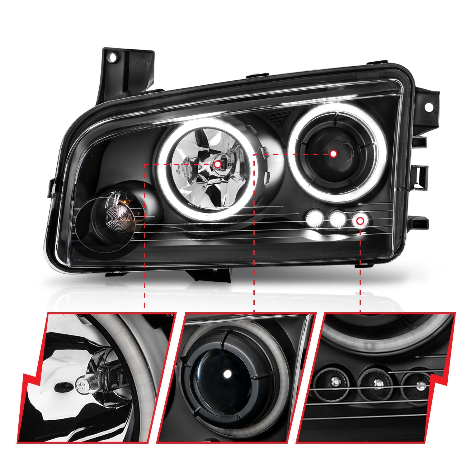DODGE CHARGER 06-10 PROJECTOR HALO HEADLIGHTS BLACK W/ RX HALO (FOR HALOGEN MODELS ONLY)