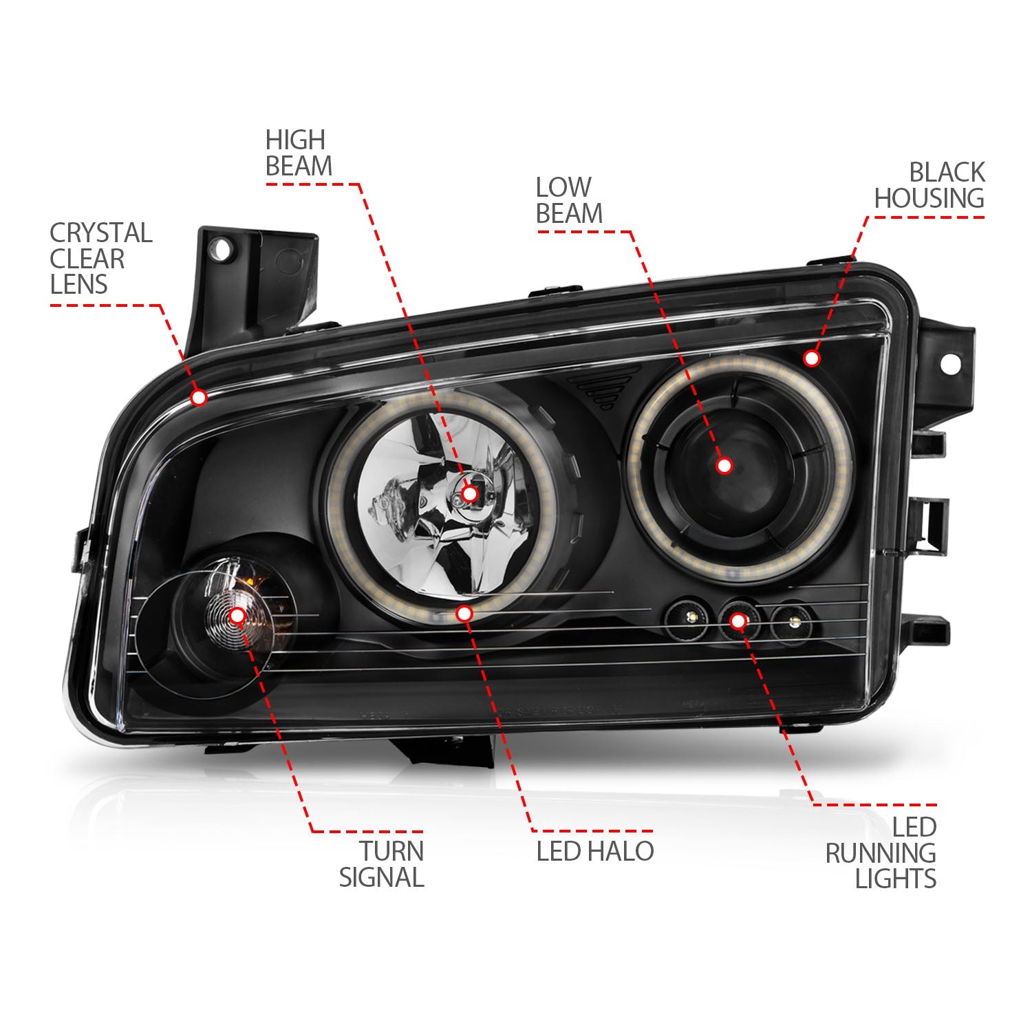 DODGE CHARGER 06-10 PROJECTOR HALO HEADLIGHTS BLACK W/ RX HALO (FOR HALOGEN MODELS ONLY)