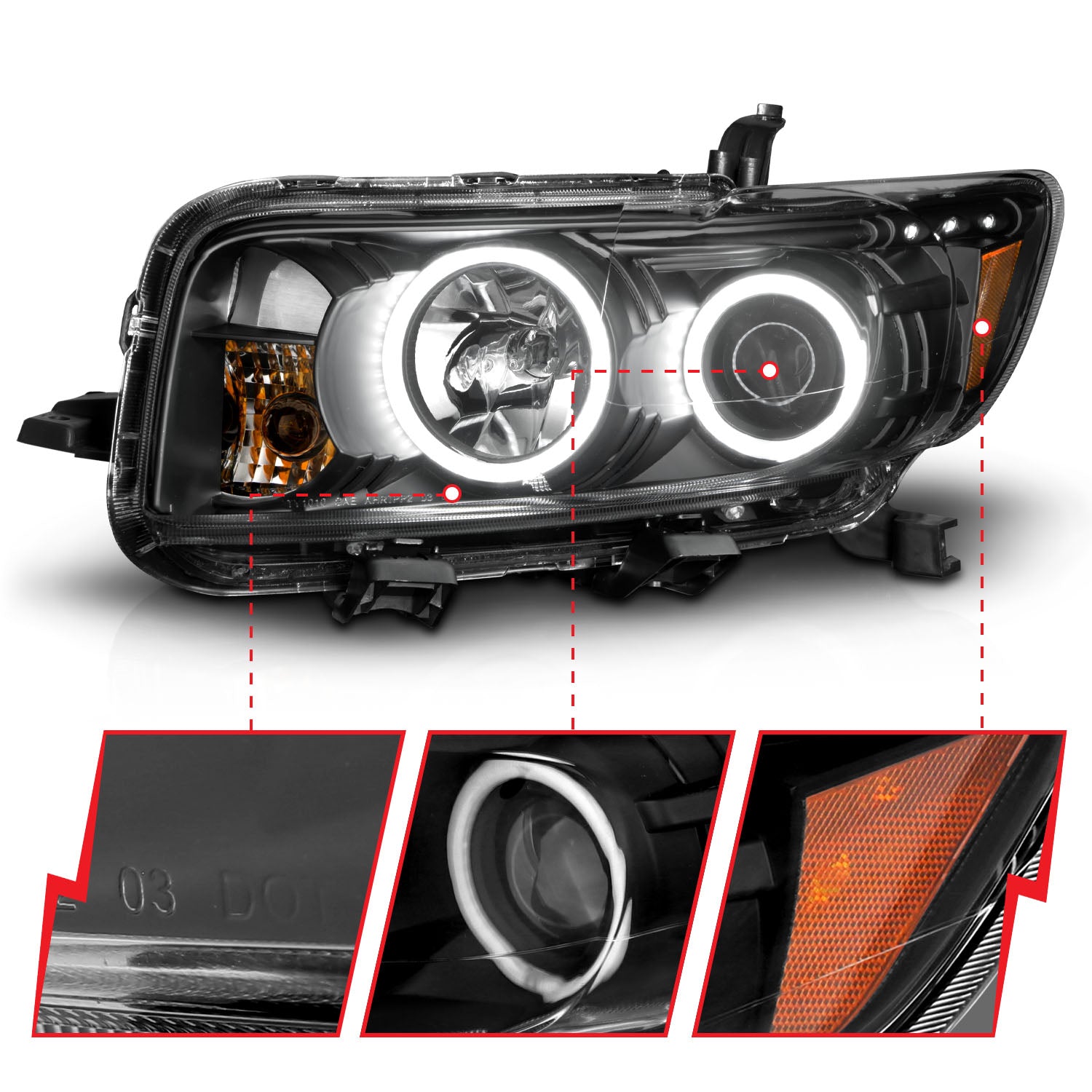 SCION XB 08-10 PROJECTOR HEADLIGHTS BLACK W/ RX HALO