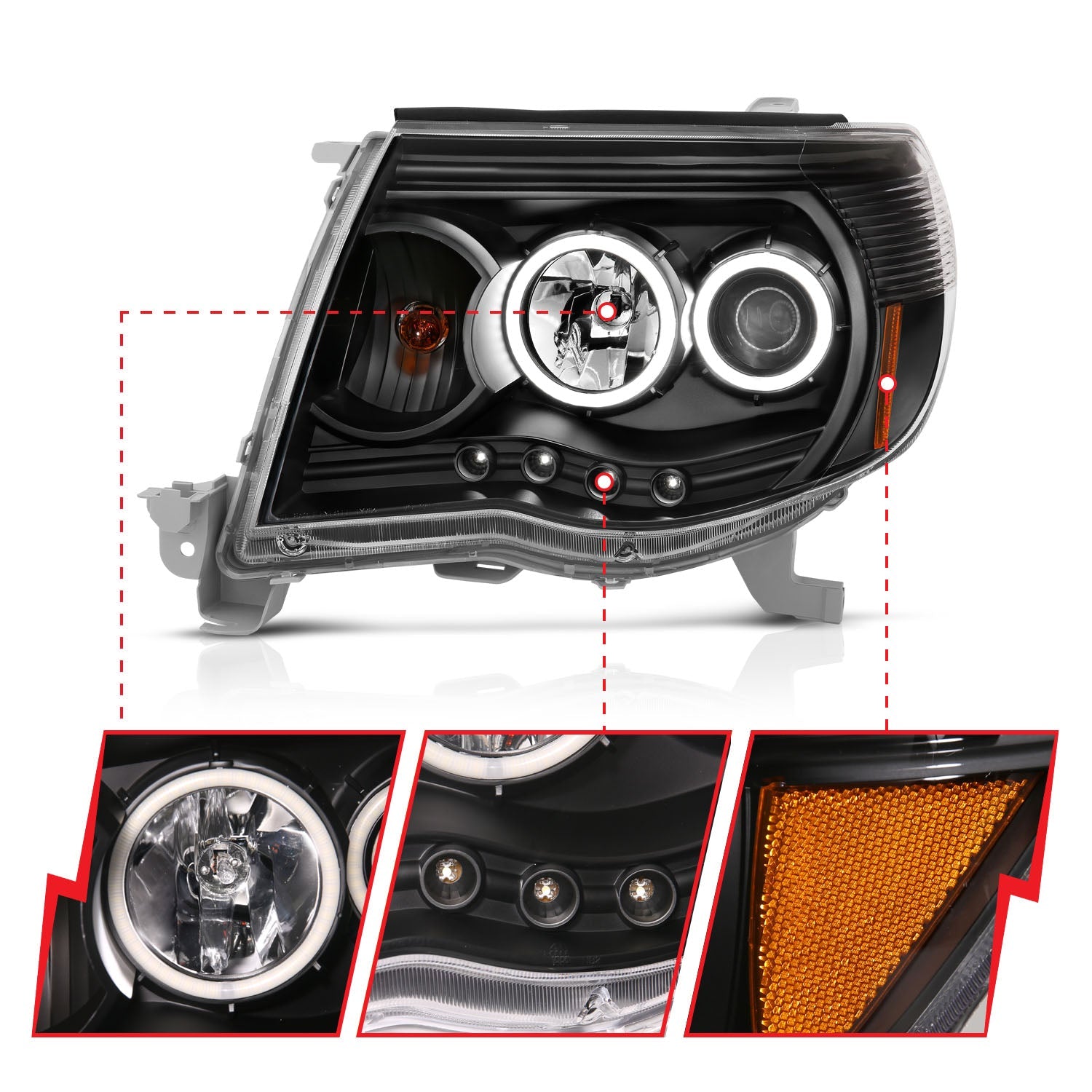 TOYOTA TACOMA 05-11 PROJECTOR HEADLIGHTS BLACK CLEAR W/ RX HALO