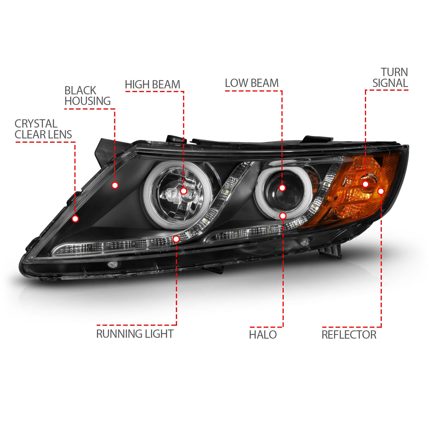 KIA OPTIMA 11-15 PROJECTOR HEADLIGHTS BLACK W/ RX HALO (FOR HALOGEN MODELS ONLY)