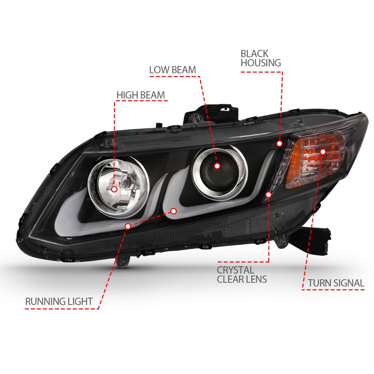 HONDA CIVIC 2 DR 12-13 / 4 DR 12-15 PROJECTOR HEADLIGHTS U-BAR BLACK CLEAR