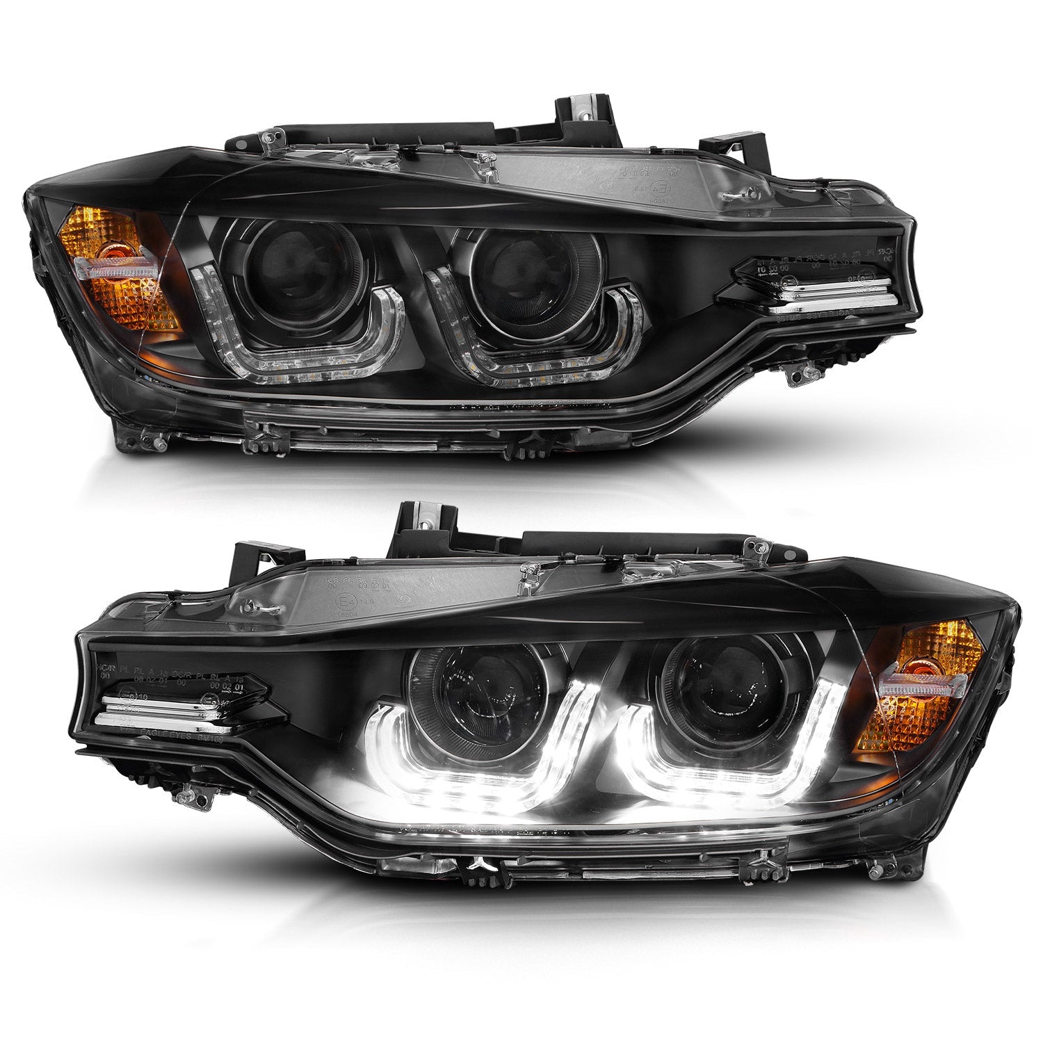 BMW 3 SERIES F30 4DR 12-15 PROJECTOR U-BAR HEADLIGHTS BLACK (FOR HALOGEN MODEL)