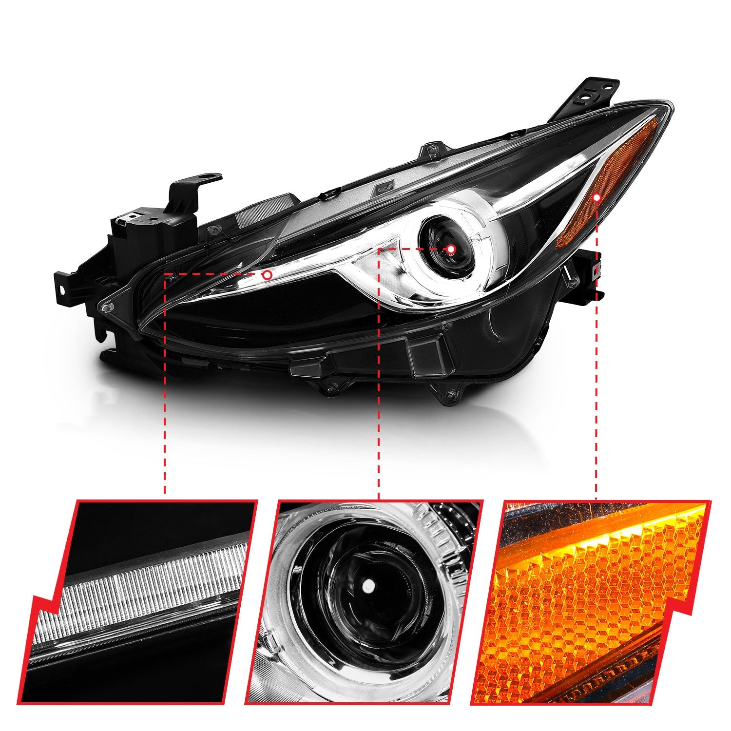 MAZDA 3 14-16 PROJECTOR HALO HEADLIGHTS BLACK (FOR HALOGEN MODELS ONLY)
