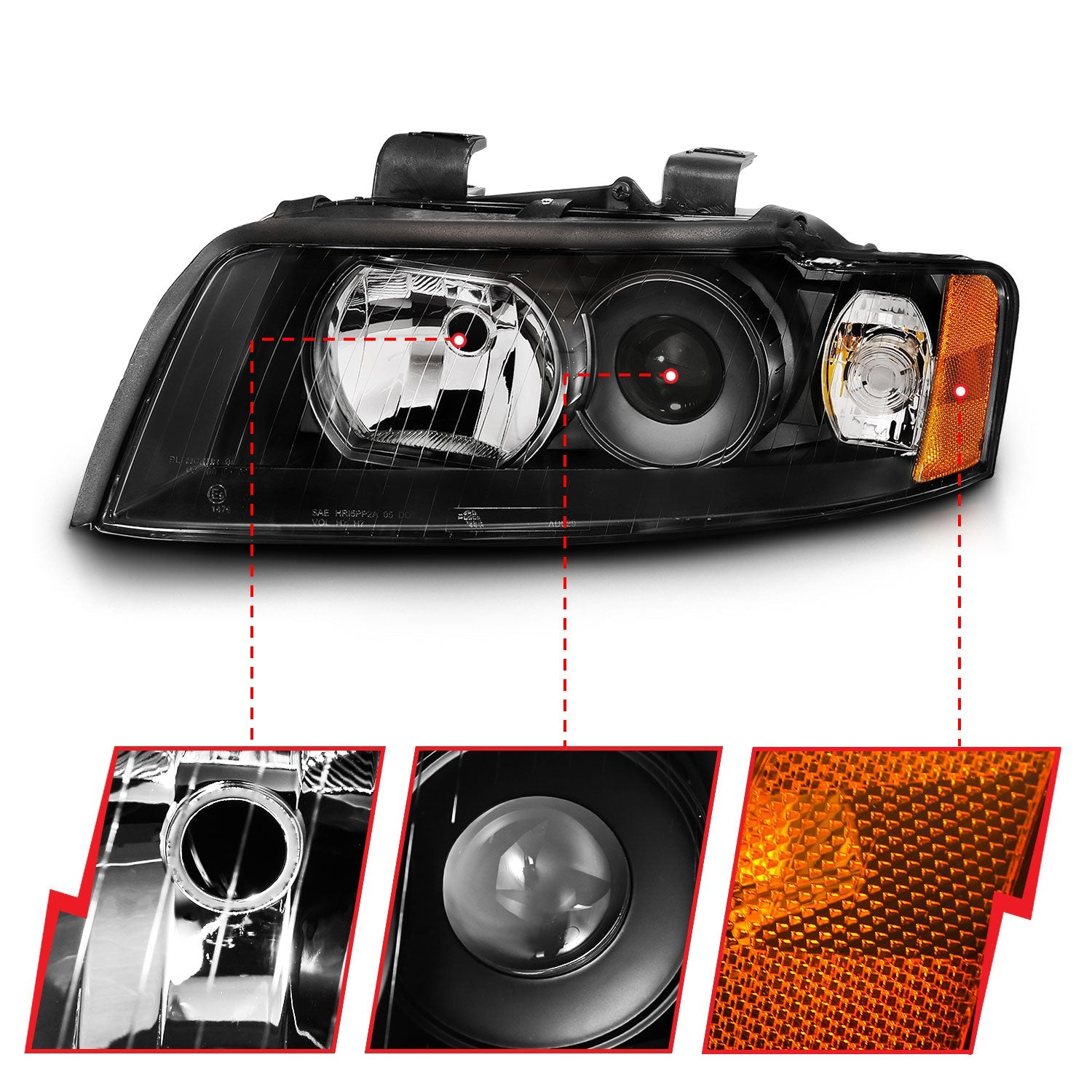 AUDI A4/S4 GEN2 02-05 PROJECTOR HEADLIGHTS BLACK(HALOGEN TYPE)