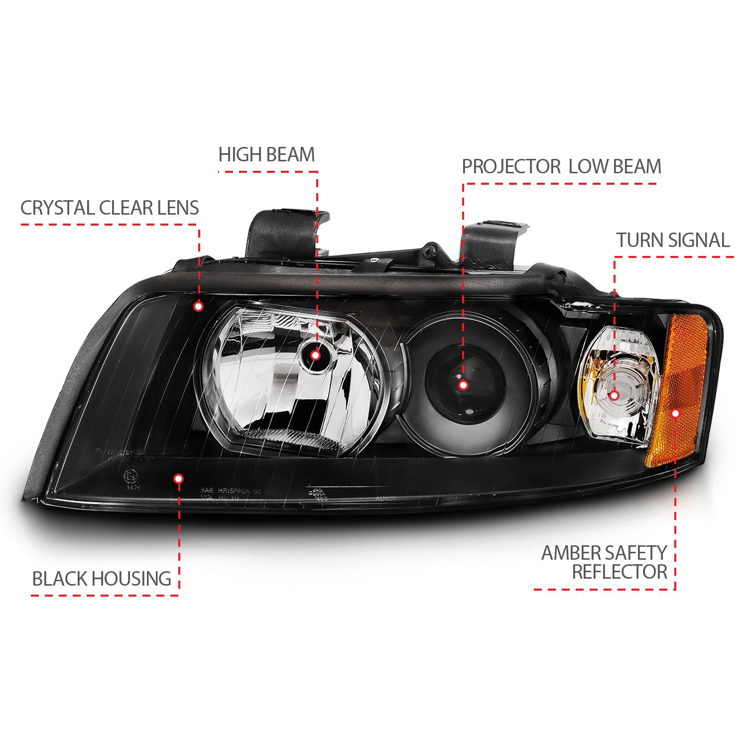AUDI A4/S4 GEN2 02-05 PROJECTOR HEADLIGHTS BLACK(HALOGEN TYPE)